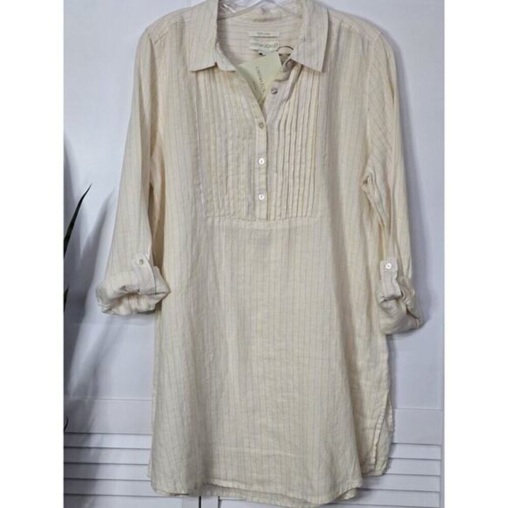 Cynthia Rowley Tunic M 100% Linen Off White Yellow Stripe Pleat Button Shirt Top